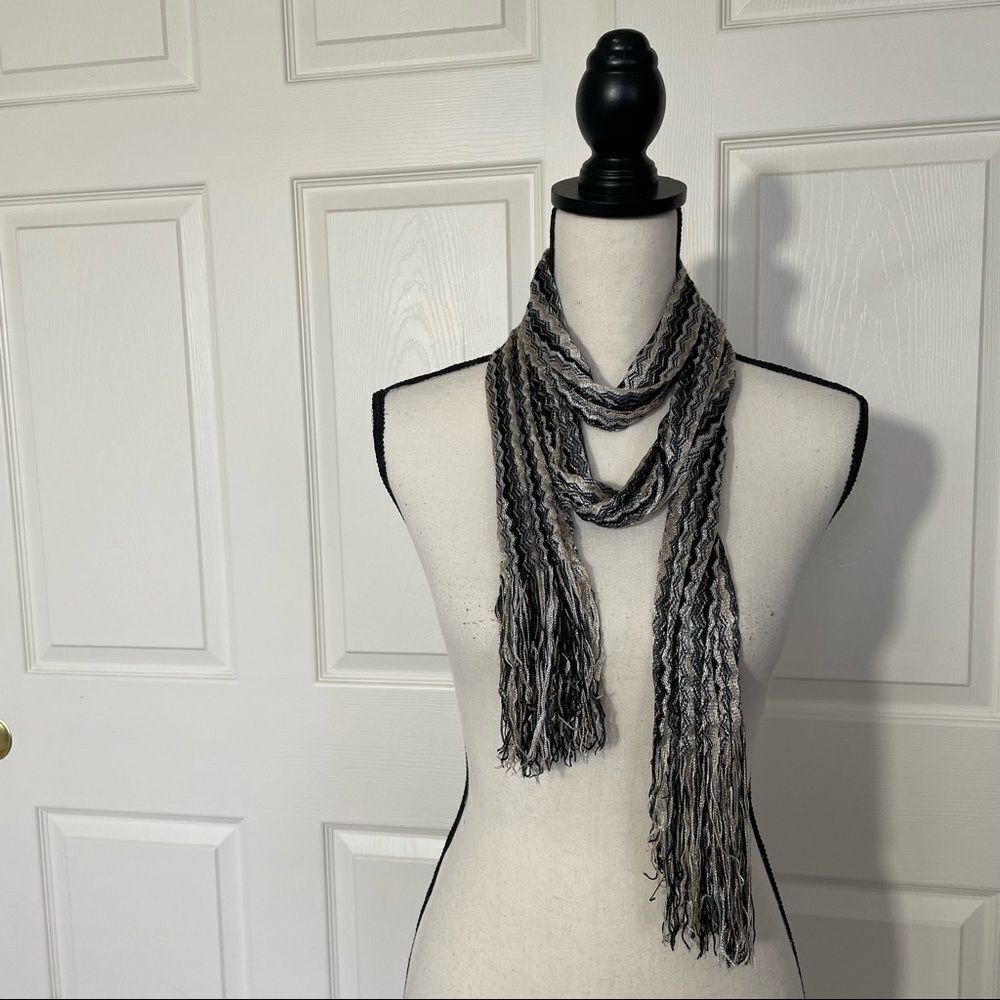 Zigzag Metallic Knit Long Thin Neutral Scarf with Fringe - Picture 2 of 7